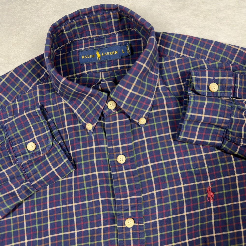 Ralph Lauren Plaid Button Down Mens L Blue Green Red Long Sleeve Shirt RN41381